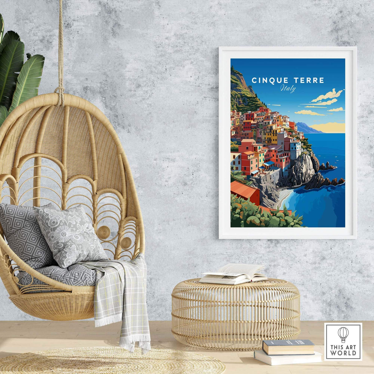 Cinque Terre Travel Poster showcasing the colorful coastal village in Italy, perfect for home decor.