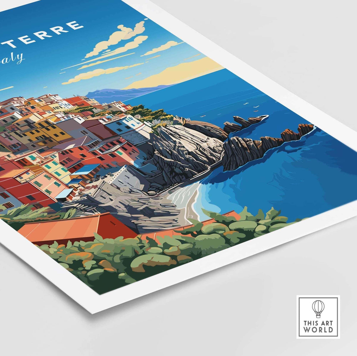 Cinque Terre Travel Poster showcasing colorful buildings along a coastal landscape in Italy's picturesque Cinque Terre.