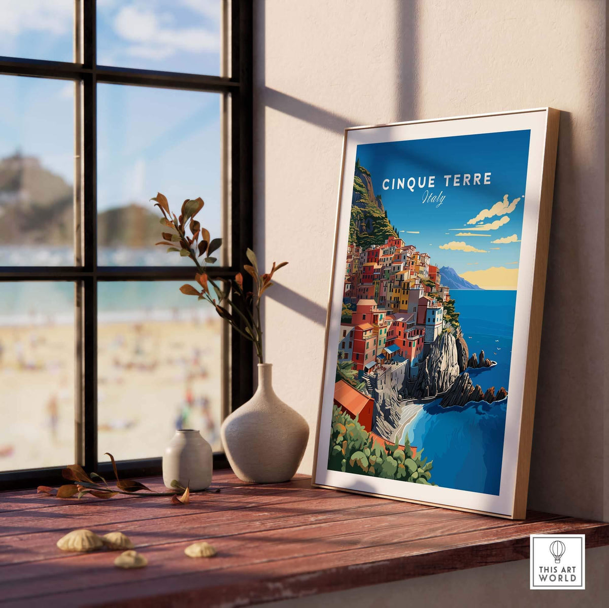 Cinque Terre Travel Poster showcasing the Italian coastal landscape and vibrant houses in a framed art display.