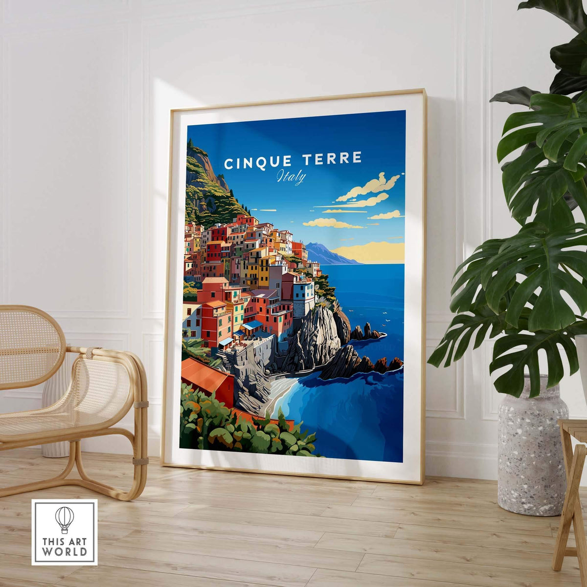 Cinque Terre Travel Poster featuring colorful coastal village in Italy with blue sky and ocean.