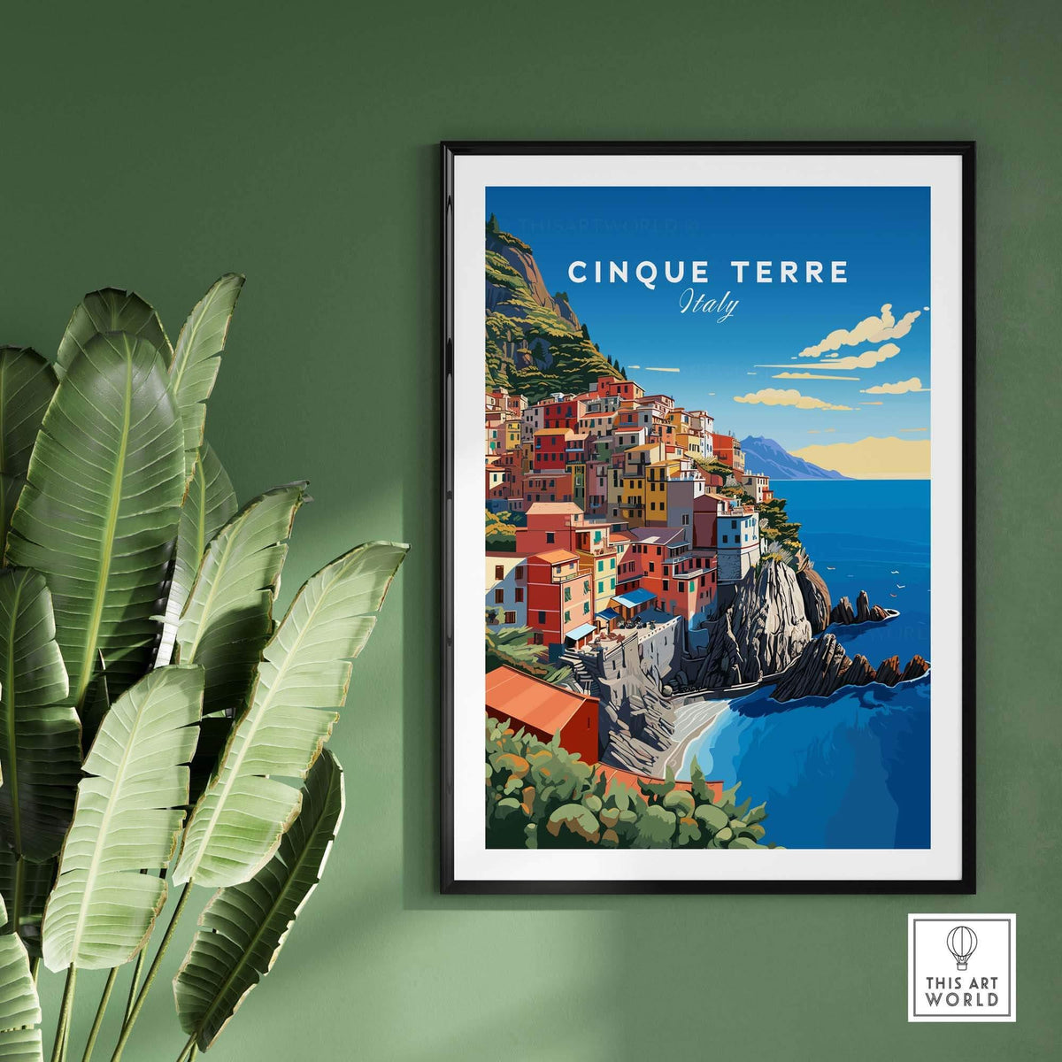 Cinque Terre Travel Poster featuring the colorful coastal village of Cinque Terre in Italy, perfect for home decor.
