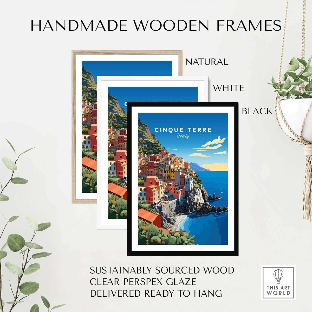 Cinque Terre Travel Poster framed in natural, white, and black handmade wooden frames