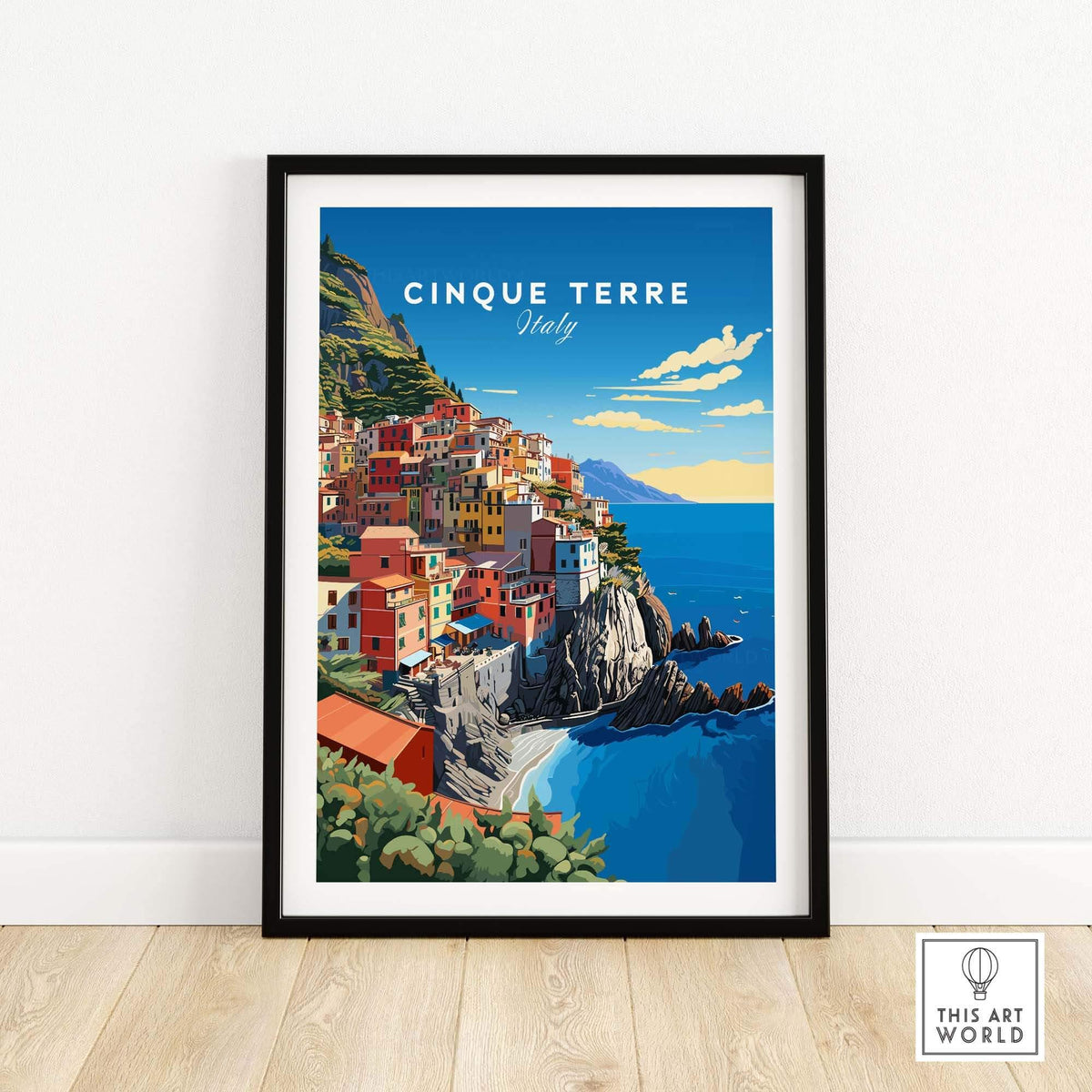 Cinque Terre Travel Poster featuring colorful coastal village and blue sea, showcasing Italy's stunning Riviera.