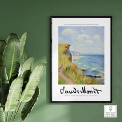Claude Monet Art Print - Coastal Cliff Path Seascape Wall Art in a framed display with vibrant coastal scenery.