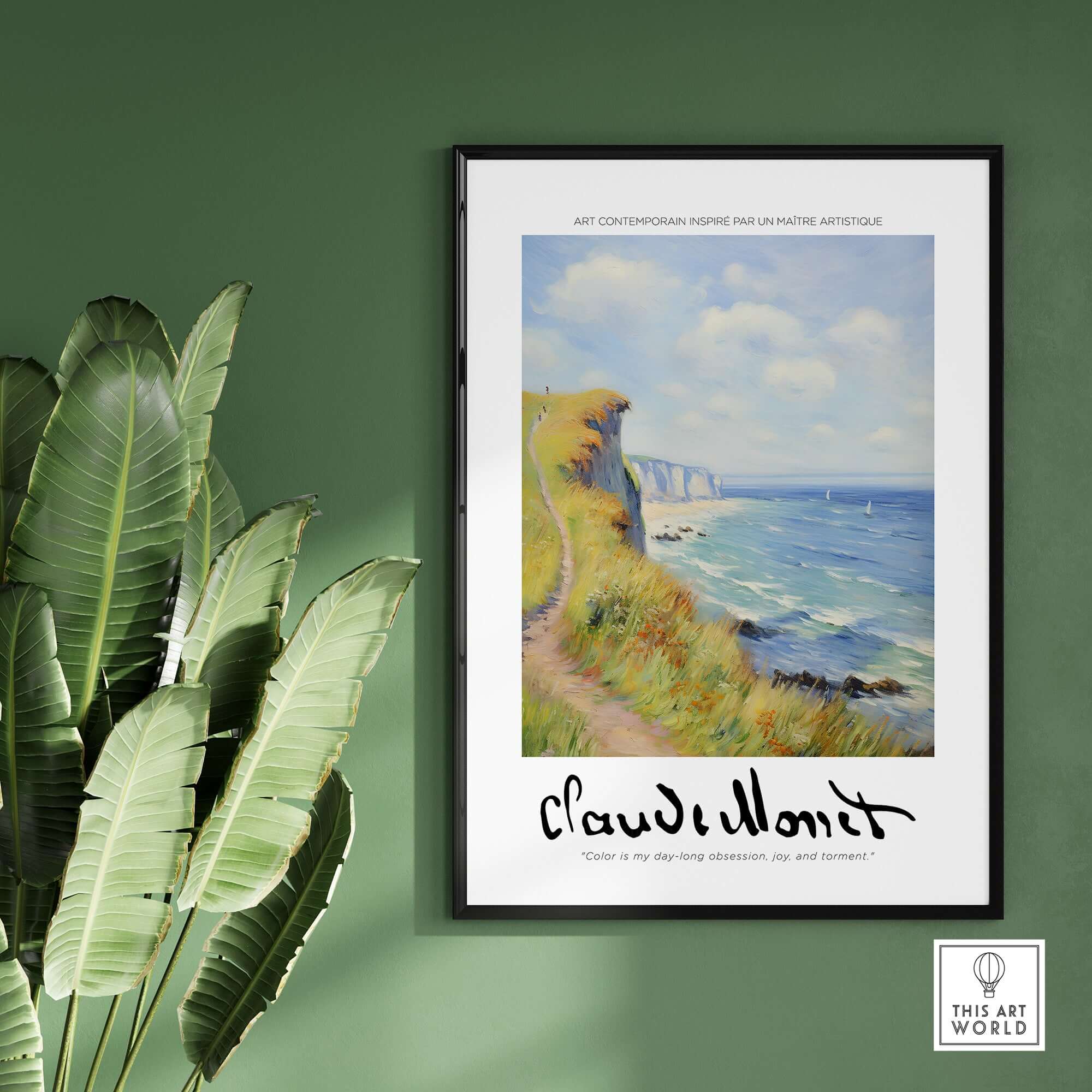 Claude Monet Art Print - Coastal Cliff Path Seascape Wall Art in a framed display with vibrant coastal scenery.
