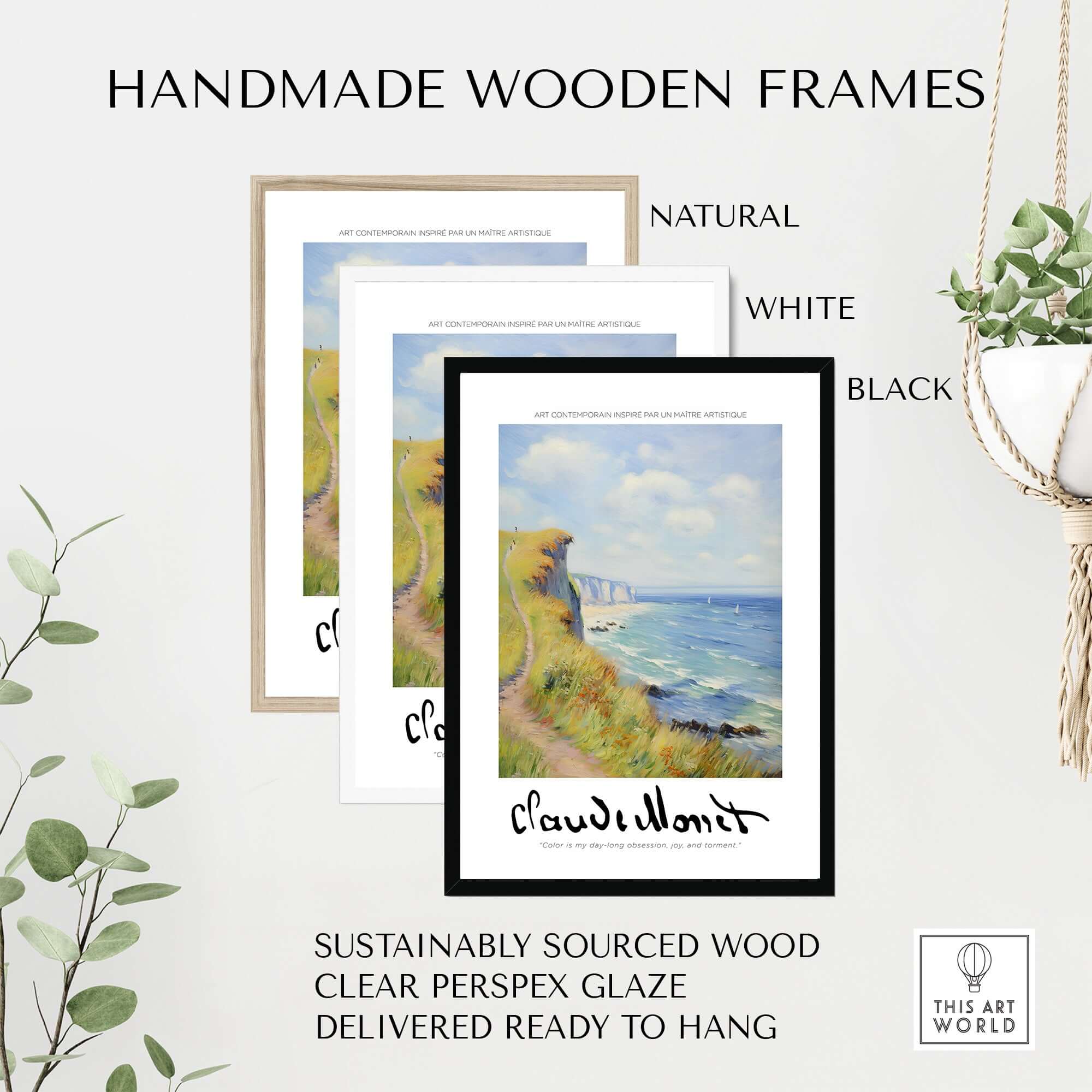 Claude Monet Art Print - Coastal Cliff Path Seascape Wall Art displayed in handmade wooden frames.