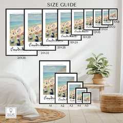 Size guide for Claude Monet Art Print - Elegant Seaside Beach Wall Art in various sizes displayed in a stylish room.