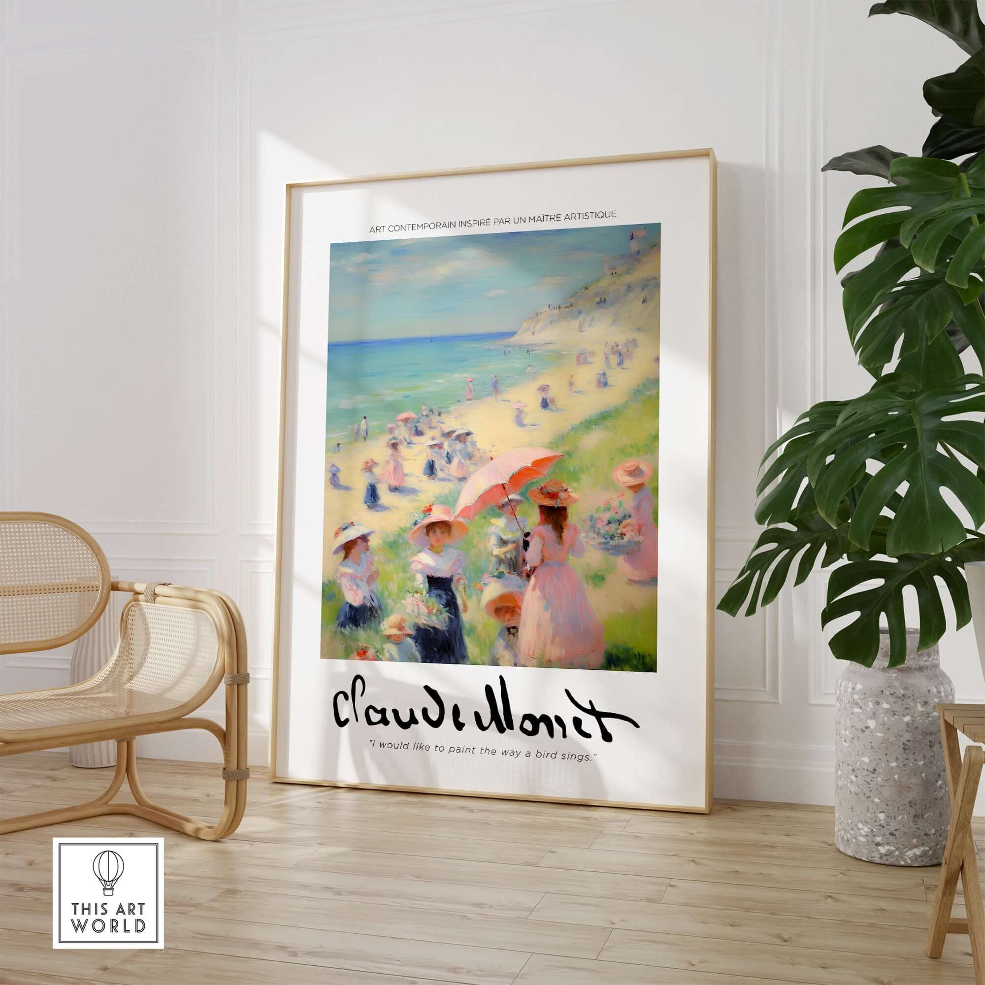 Claude Monet Art Print - Elegant Seaside Beach Wall Art featuring women and children on a beach with parasols.