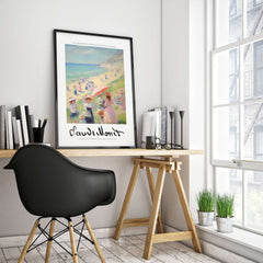 Claude Monet Art Print - Elegant Seaside Beach Wall Art framed in a bright room with modern decor and plants.