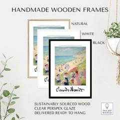 Claude Monet Art Print - Elegant Seaside Beach Wall Art displayed in handmade wooden frames, natural, white, and black options.