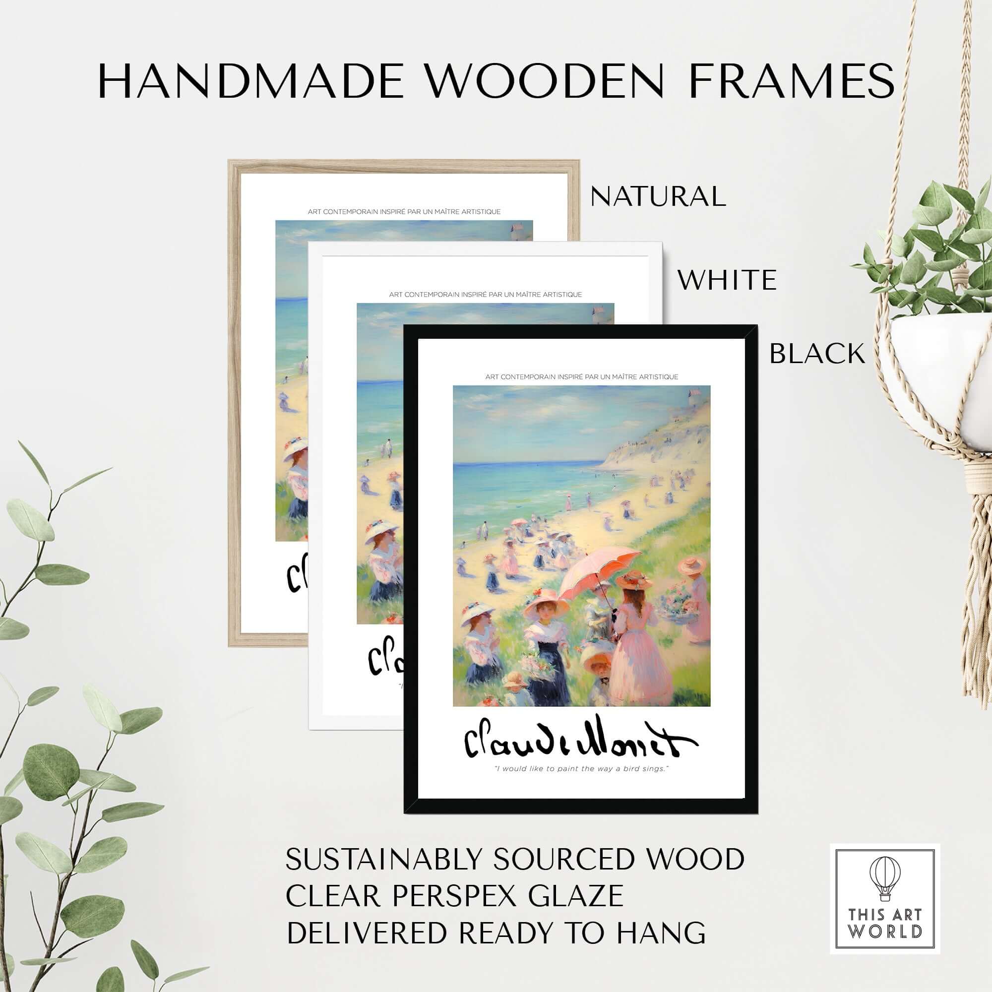 Claude Monet Art Print - Elegant Seaside Beach Wall Art displayed in handmade wooden frames, natural, white, and black options.