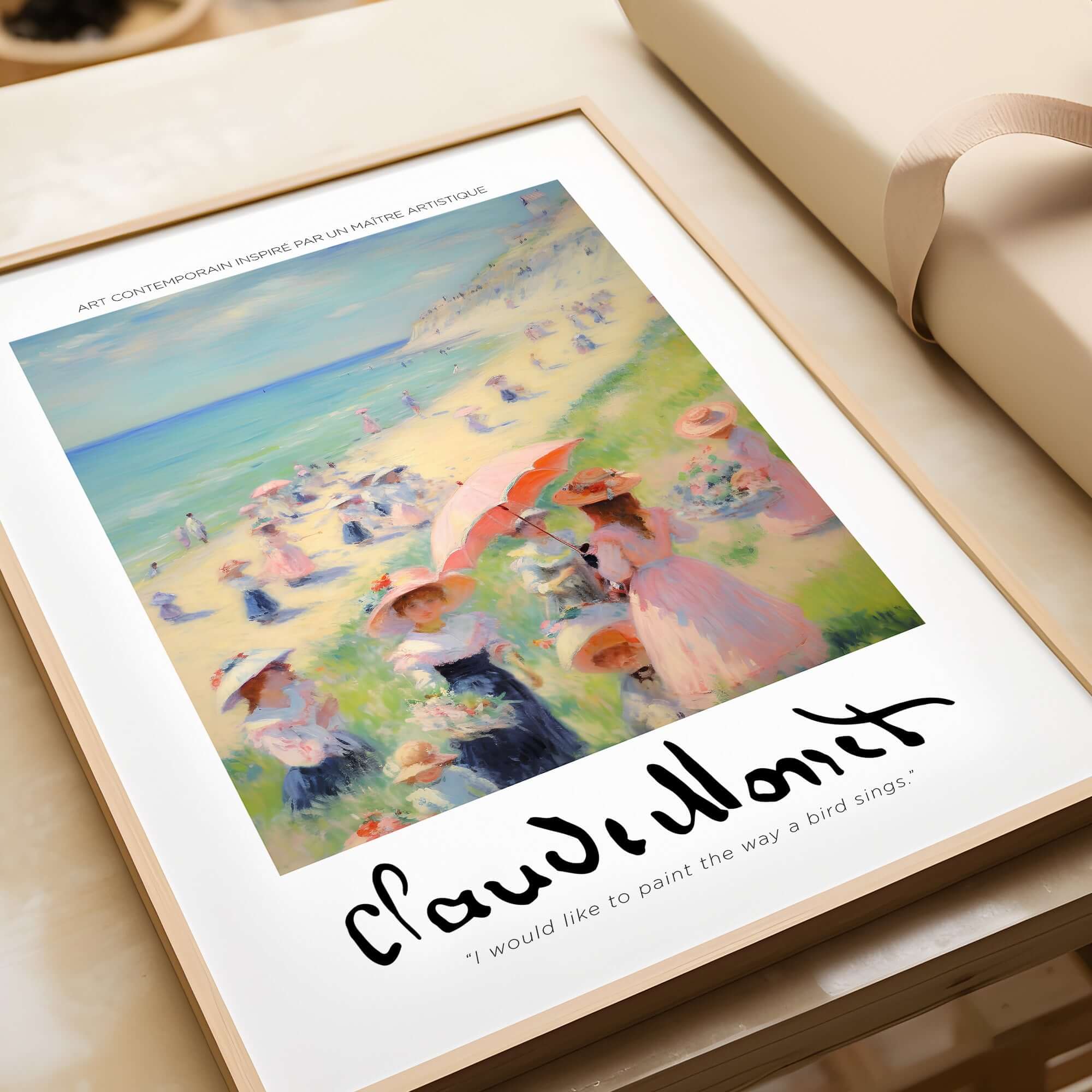 Claude Monet Art Print - Elegant Seaside Beach Wall Art featuring women and children at the beach with colorful parasols.