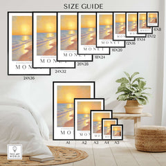 Claude Monet Art Print - Golden Hour Beach Stroll Wall Art size guide, different frame sizes displayed with a wall background.