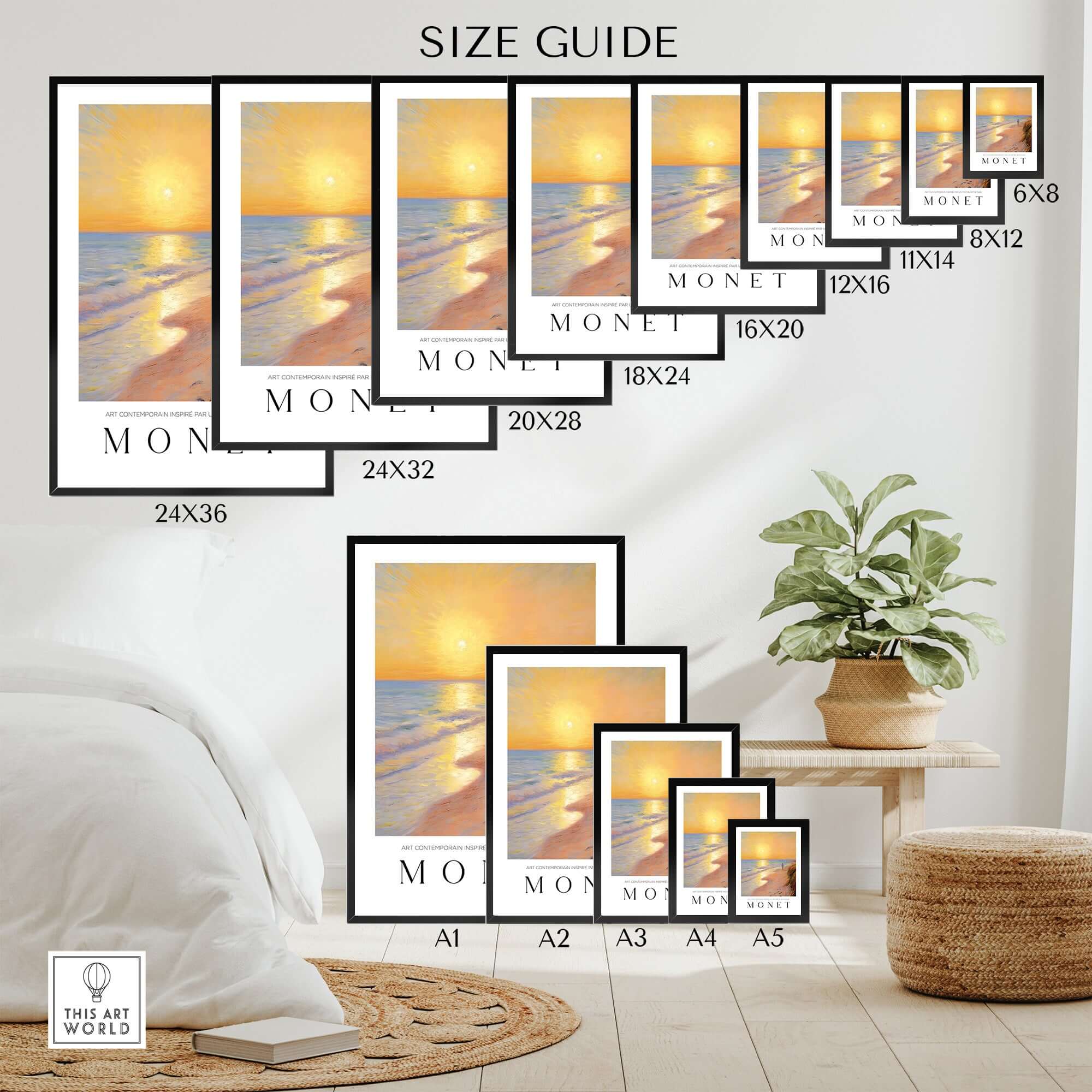Claude Monet Art Print - Golden Hour Beach Stroll Wall Art size guide, different frame sizes displayed with a wall background.