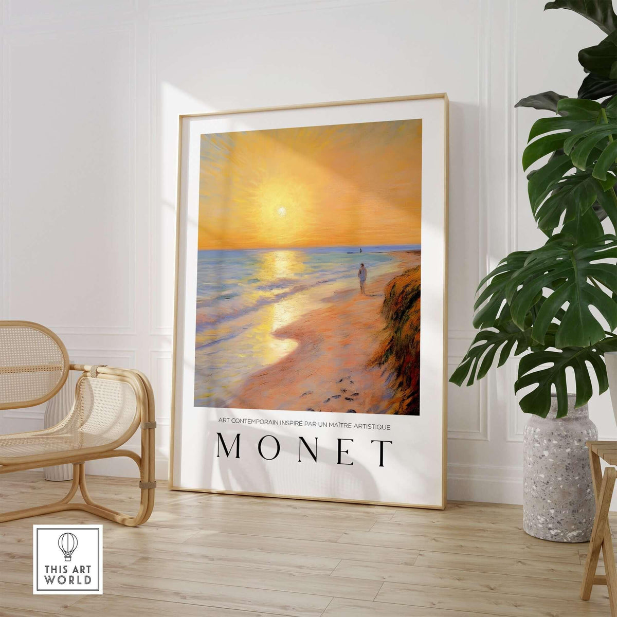 Claude Monet Art Print - Golden Hour Beach Stroll Wall Art featuring peaceful beach scene with sunset reflections.
