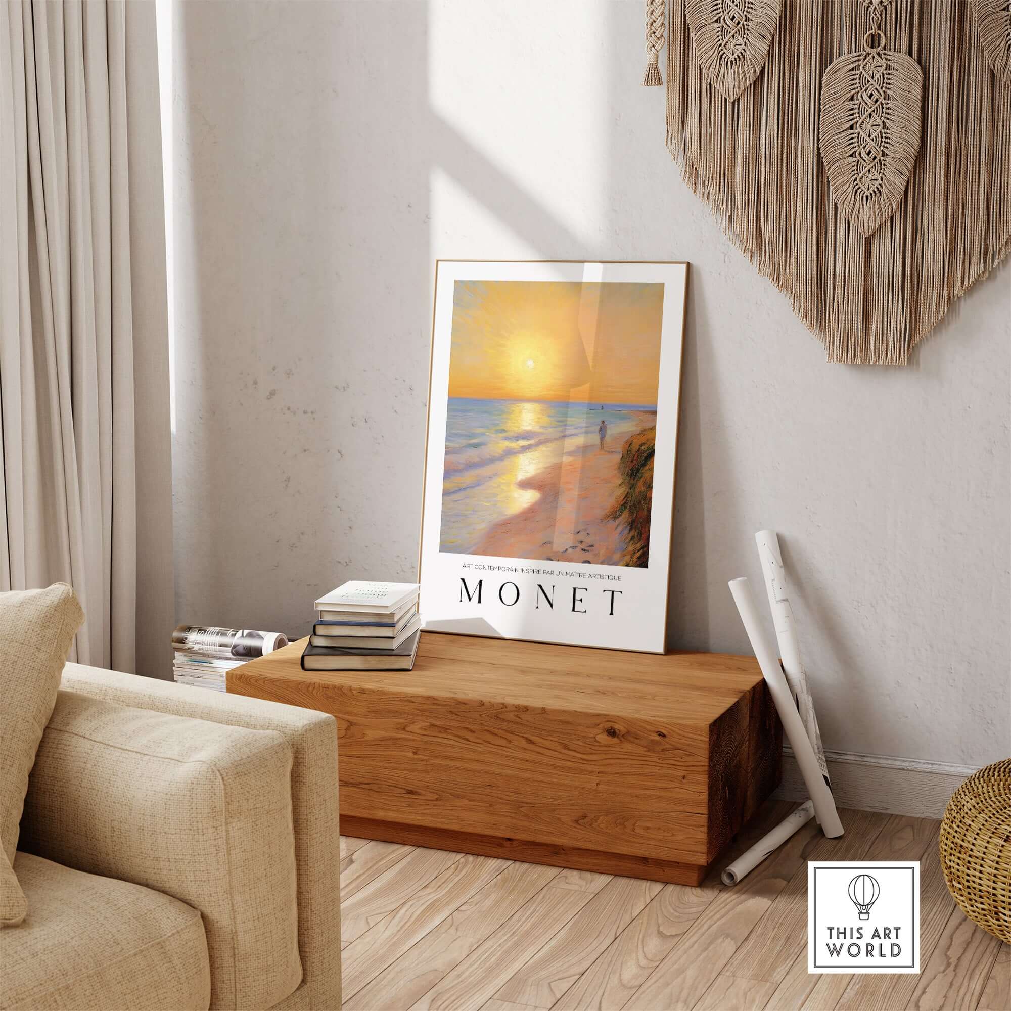 Claude Monet Art Print - Golden Hour Beach Stroll Wall Art displayed in a cozy living room setting.