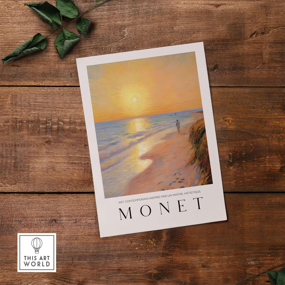 Claude Monet Art Print - Golden Hour Beach Stroll Wall Art featuring a serene beach scene at sunset.