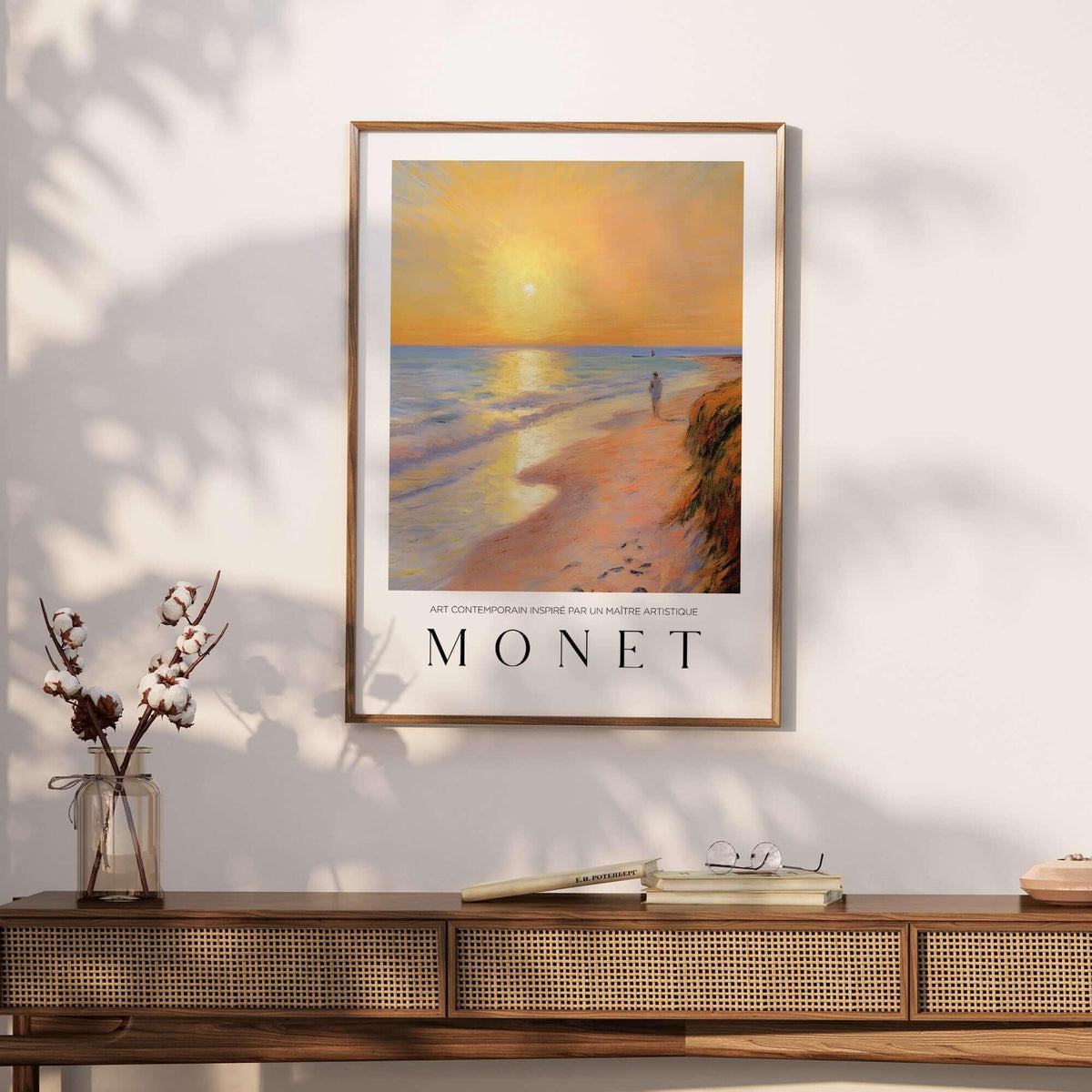 Claude Monet Art Print - Golden Hour Beach Stroll Wall Art featuring serene beach scene at sunset.