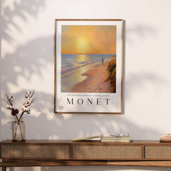 Claude Monet Art Print - Golden Hour Beach Stroll Wall Art featuring serene beach scene at sunset.
