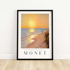 Claude Monet Art Print - Golden Hour Beach Stroll Wall Art featuring a serene sunset at the beach.