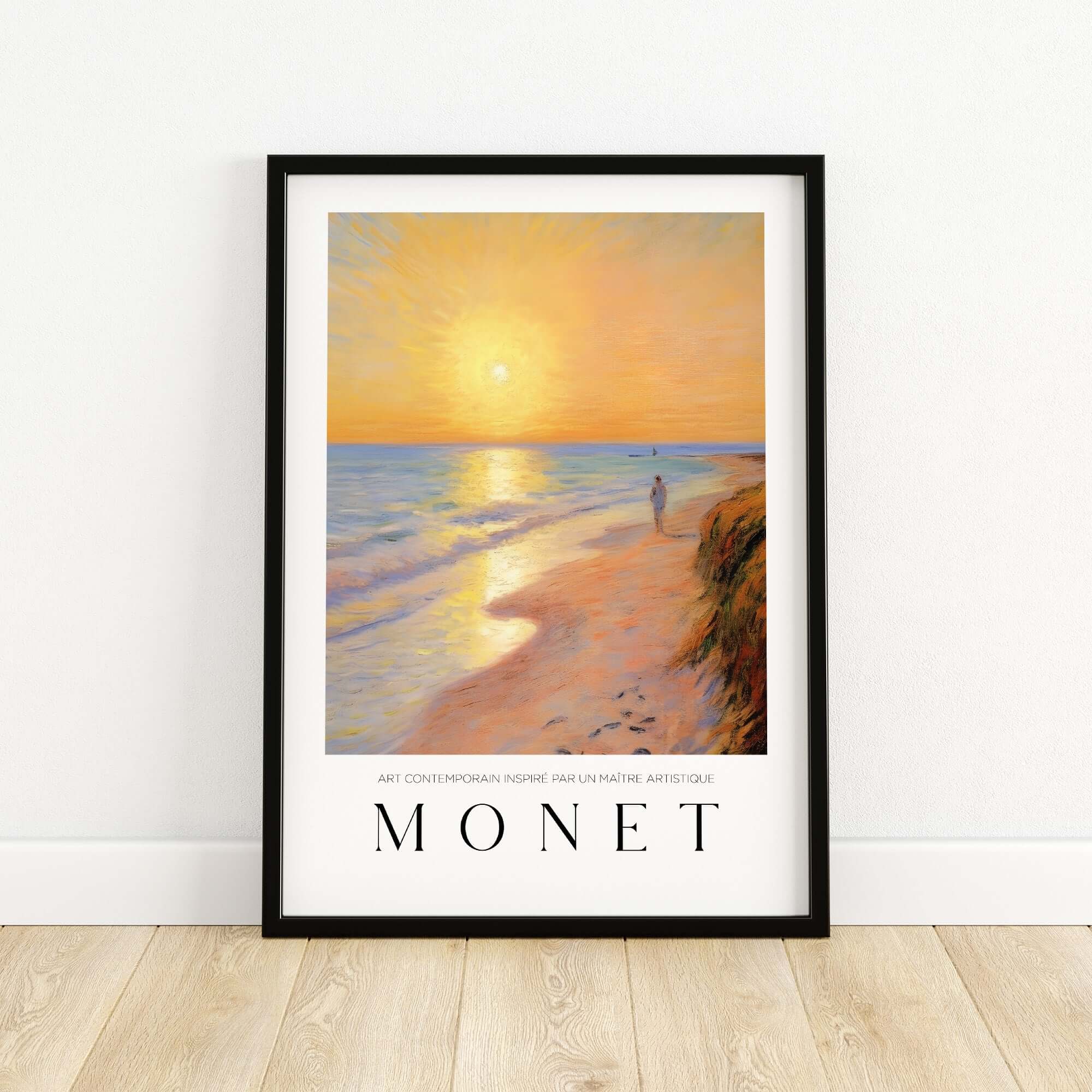 Claude Monet Art Print - Golden Hour Beach Stroll Wall Art featuring a serene sunset at the beach.