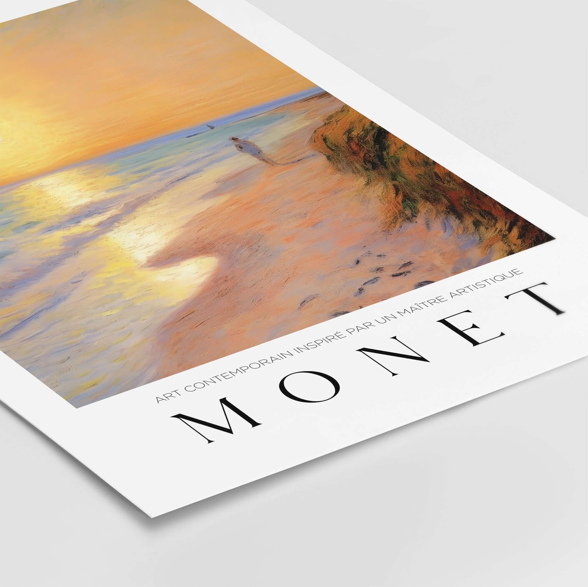 Claude Monet Art Print - Golden Hour Beach Stroll Wall Art featuring a serene beach scene at sunset.