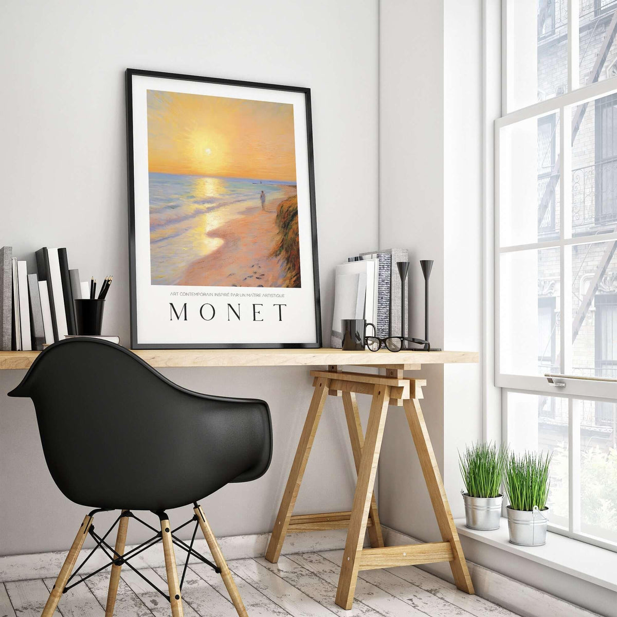 Claude Monet Art Print - Golden Hour Beach Stroll Wall Art displayed in a modern office setting with a stylish chair.