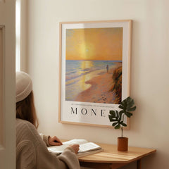 Claude Monet Art Print - Golden Hour Beach Stroll Wall Art featuring a serene beach scene with a lone figure.
