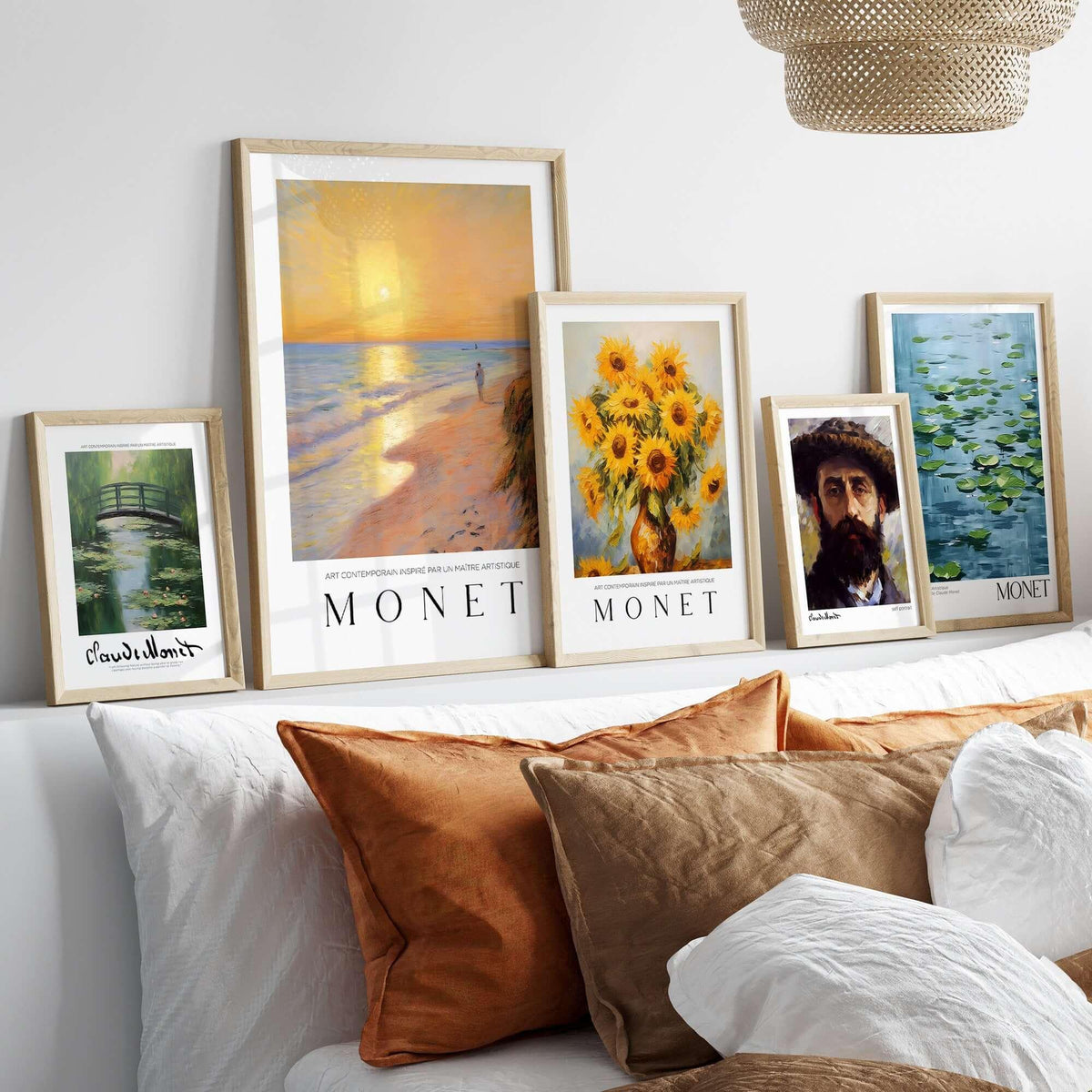Claude Monet Art Print - Golden Hour Beach Stroll Wall Art displays various Monet artworks in elegant frames on a cozy sofa.