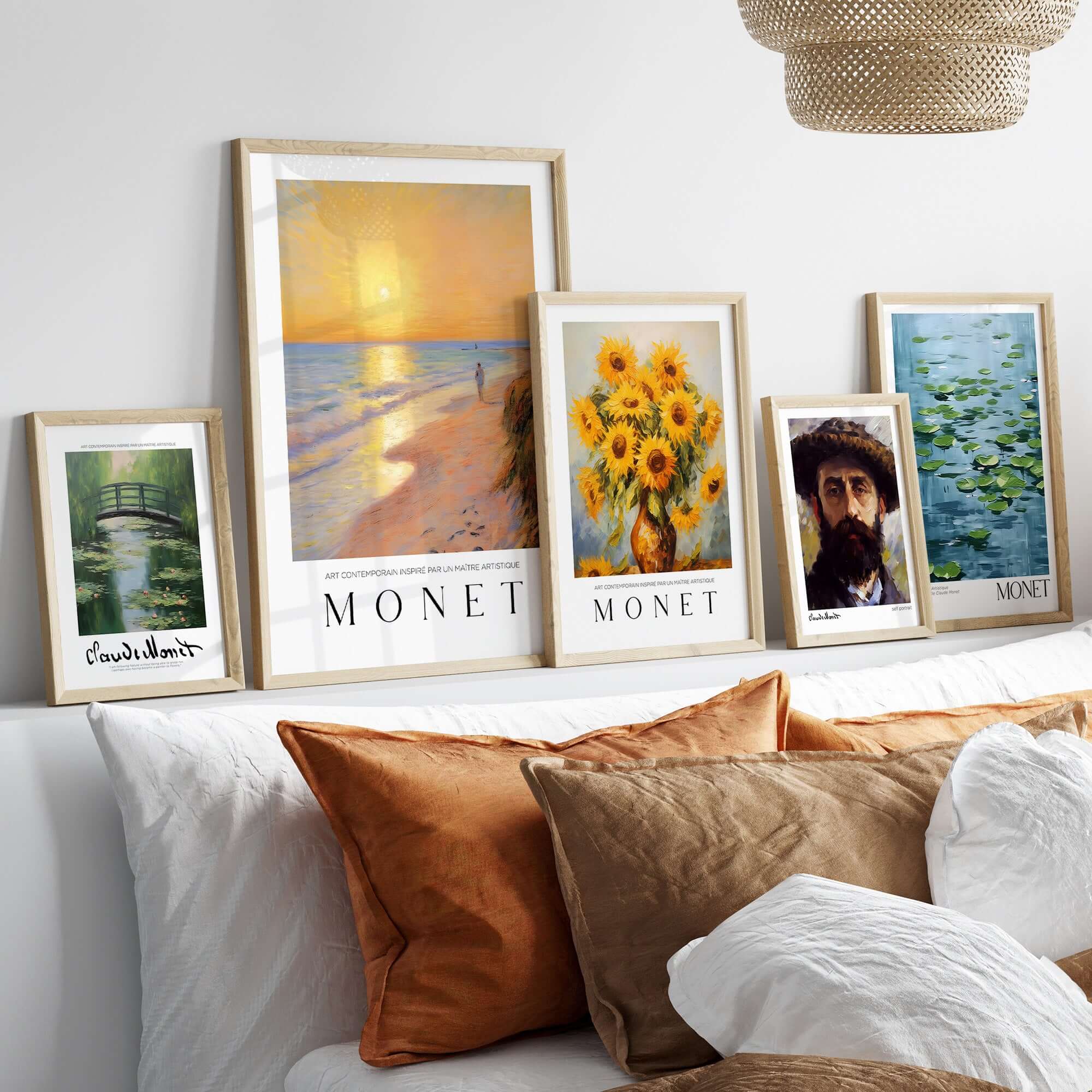 Claude Monet Art Print - Golden Hour Beach Stroll Wall Art displays various Monet artworks in elegant frames on a cozy sofa.