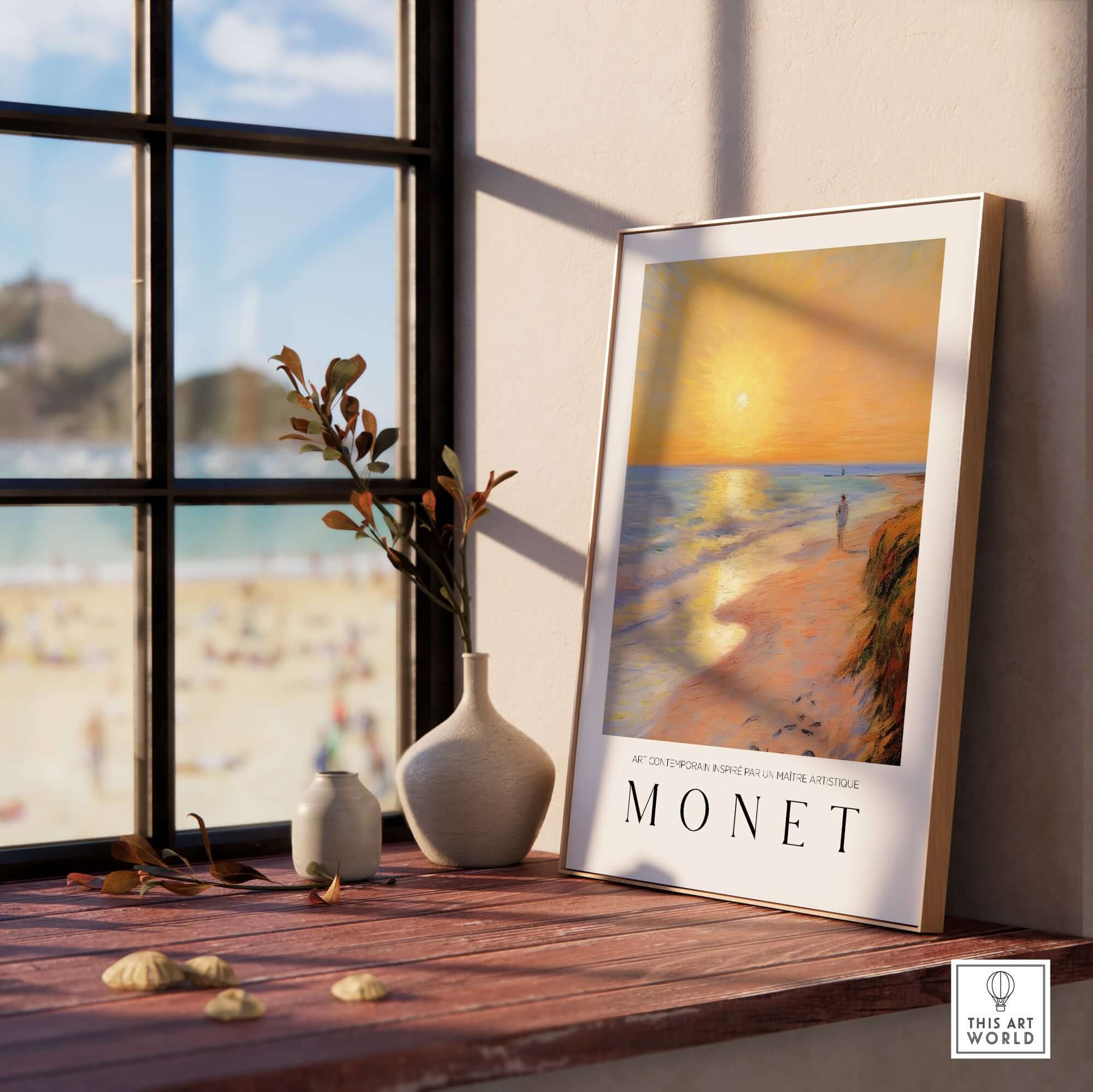 Claude Monet Art Print - Golden Hour Beach Stroll Wall Art displayed by a window with a beach view.