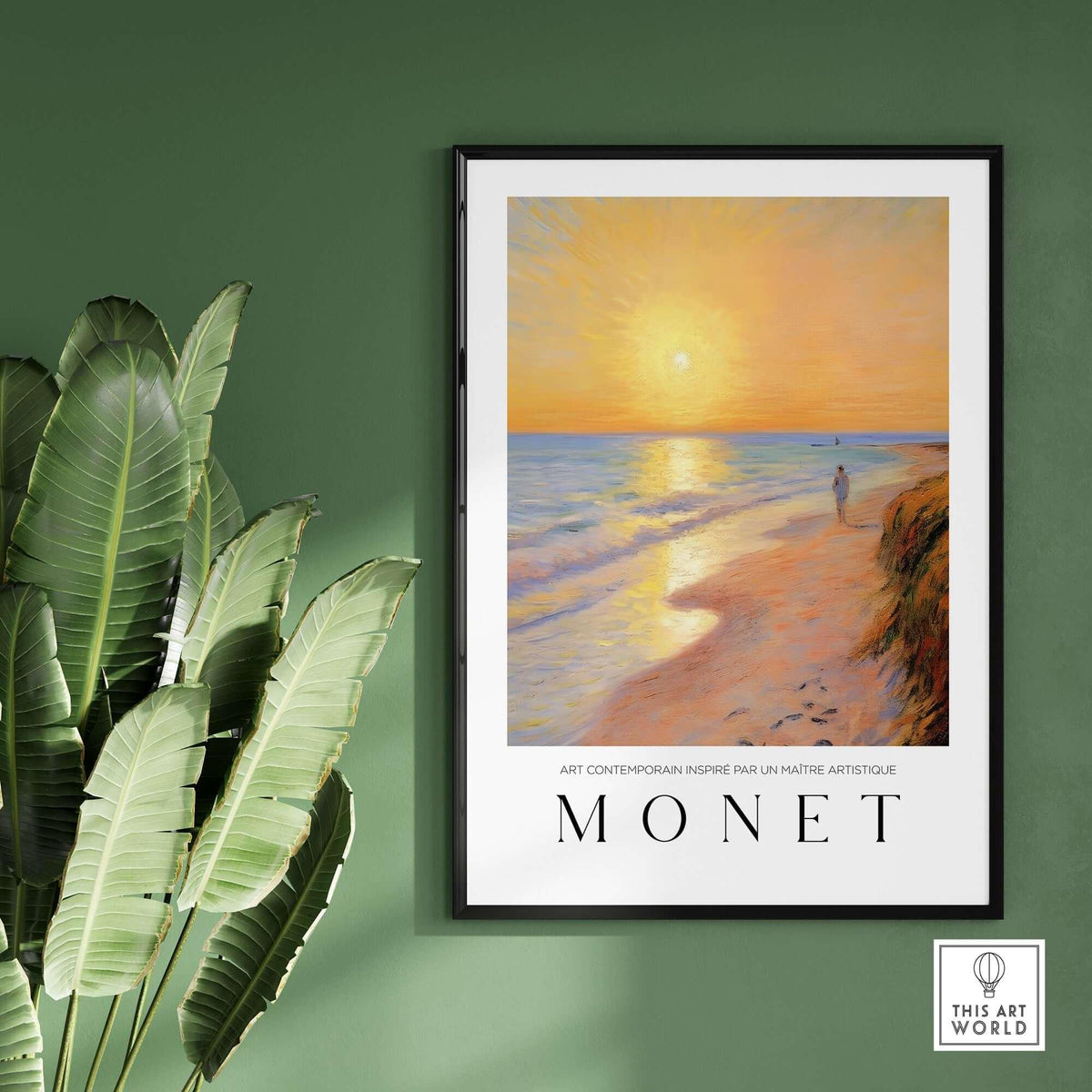 Claude Monet Art Print - Golden Hour Beach Stroll Wall Art framed on green wall with beach scene and sunset.