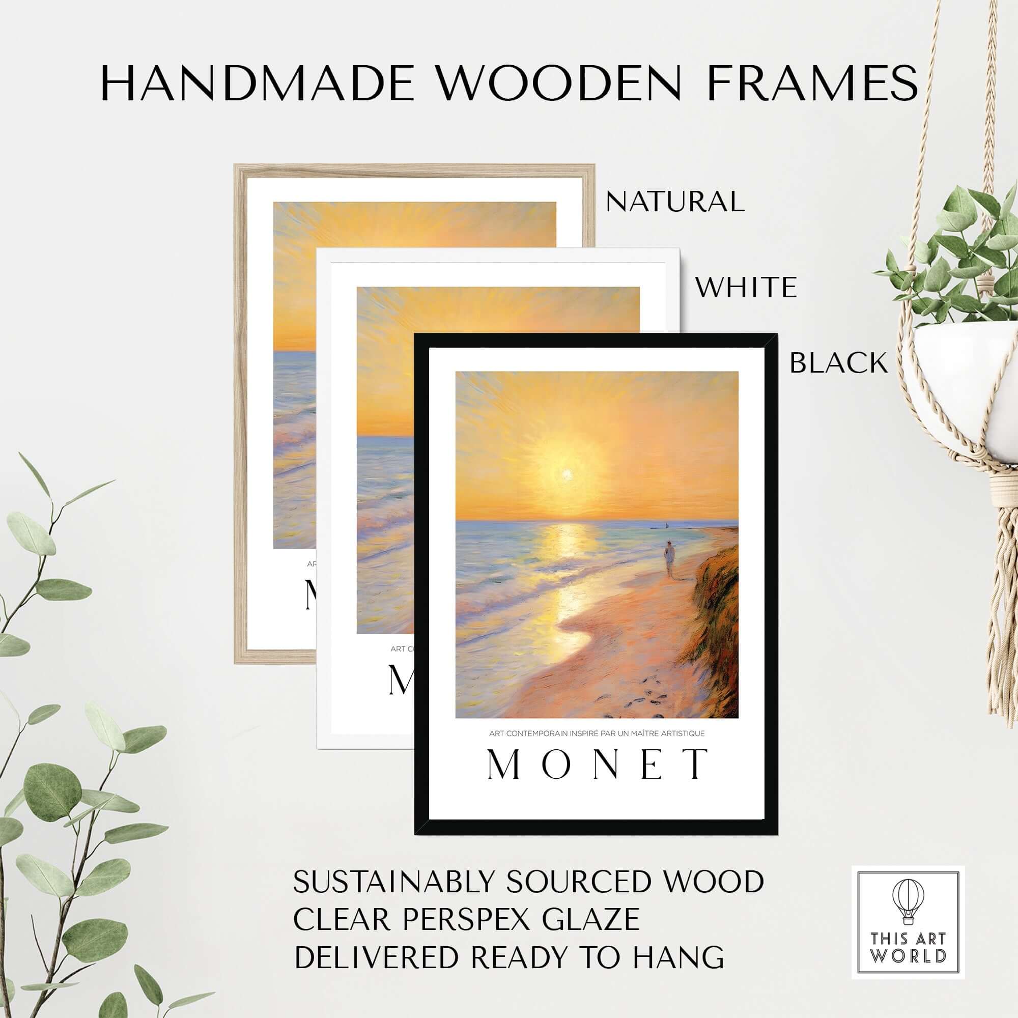 Claude Monet Art Print - Golden Hour Beach Stroll Wall Art displayed in handmade wooden frames.