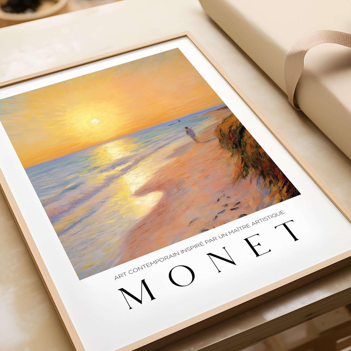Claude Monet Art Print - Golden Hour Beach Stroll Wall Art framed poster depicting a sunset at the beach.