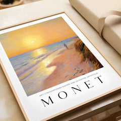 Claude Monet Art Print - Golden Hour Beach Stroll Wall Art framed poster depicting a sunset at the beach.