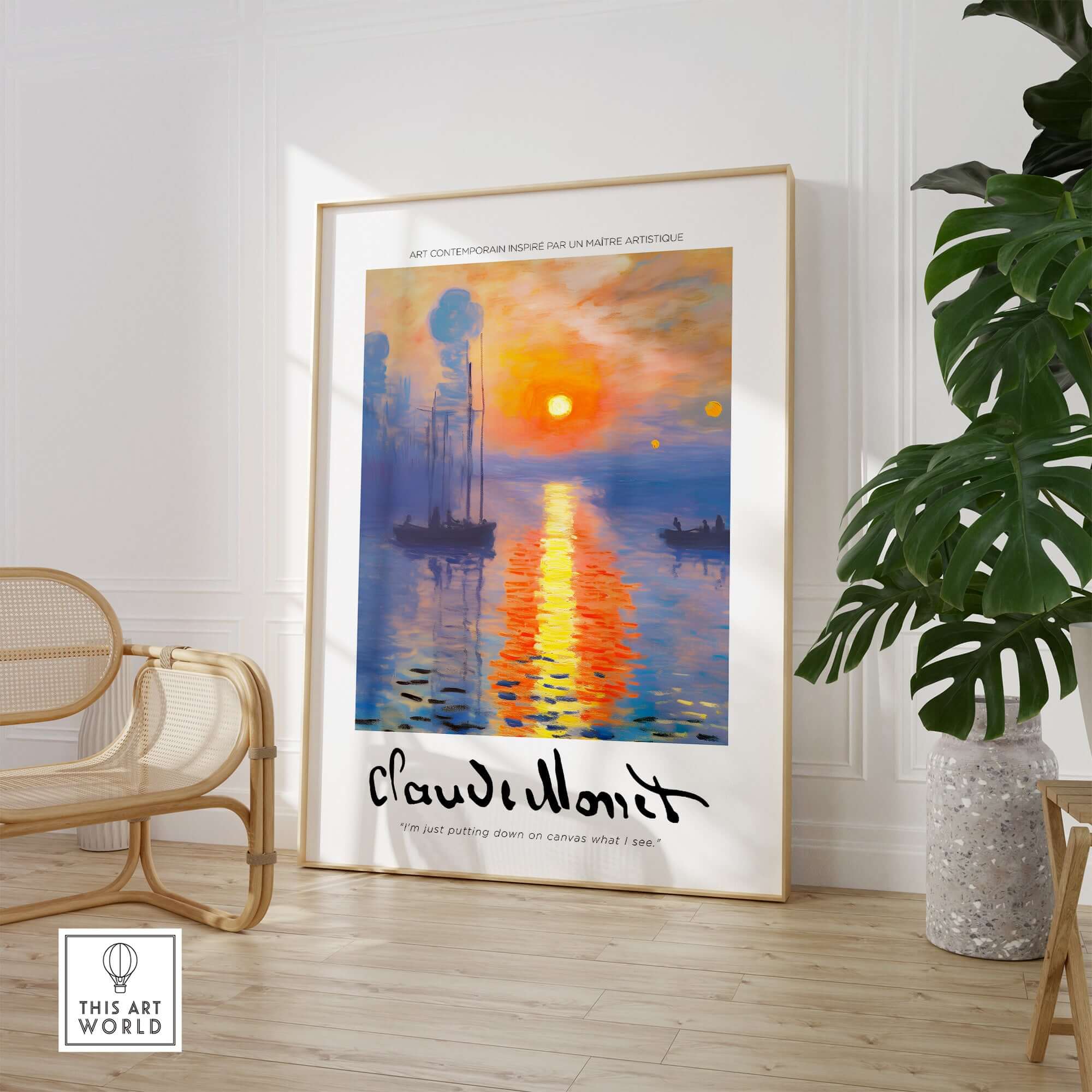 Claude Monet Art Print - Impressionist Sunrise Harbor Wall Art featuring a vibrant sunrise over a harbor with boats.