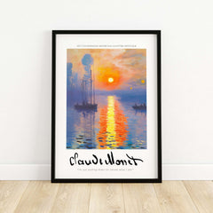 Claude Monet Art Print - Impressionist Sunrise Harbor Wall Art framed artwork depicting a vibrant sunrise over a harbor.
