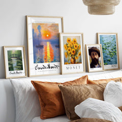 Claude Monet Art Print - Impressionist Sunrise Harbor Wall Art displayed on a wall with framed artworks.