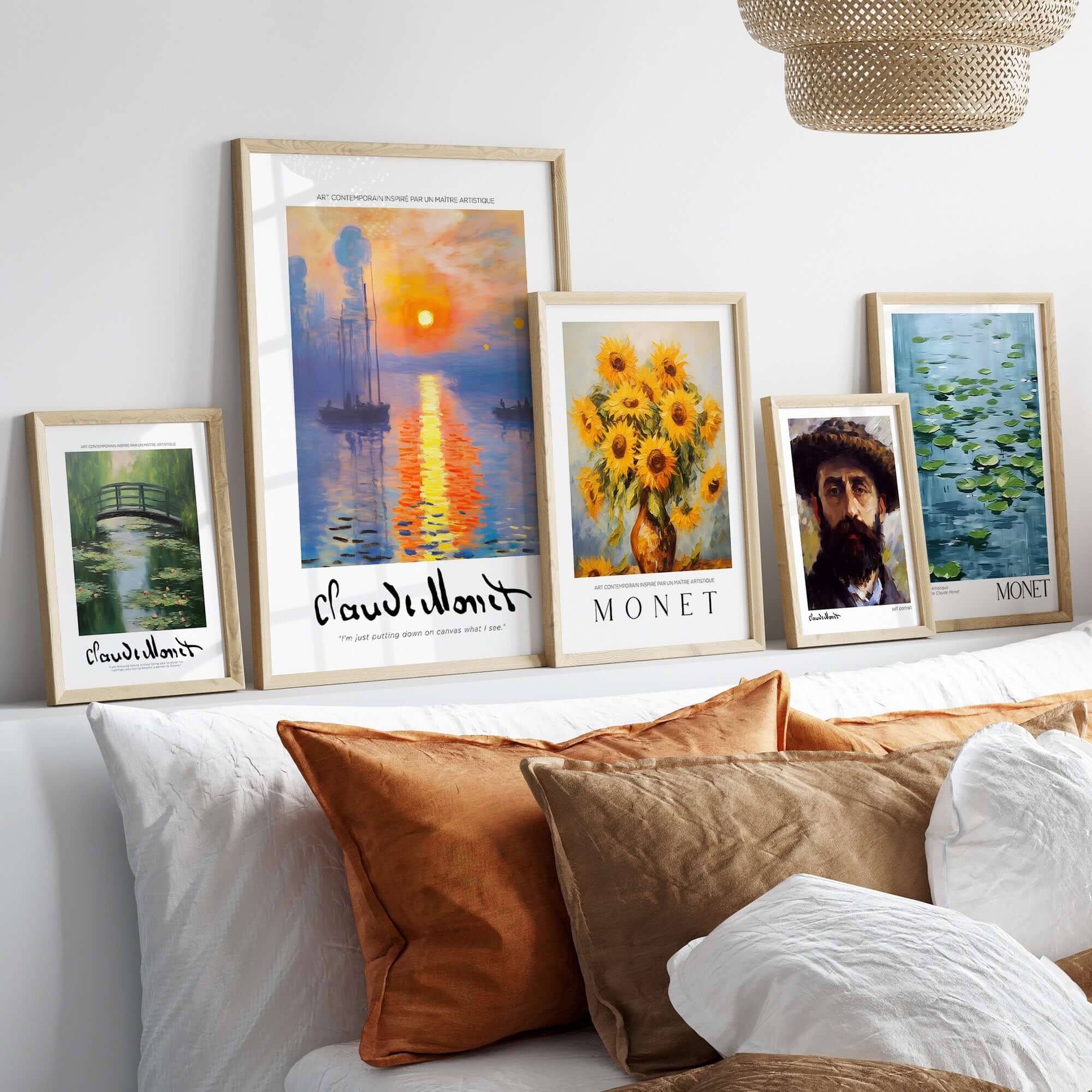Claude Monet Art Print - Impressionist Sunrise Harbor Wall Art displayed on a wall with framed artworks.