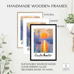Claude Monet Art Print - Impressionist Sunrise Harbor Wall Art in handmade wooden frames, available in natural, white, and black.
