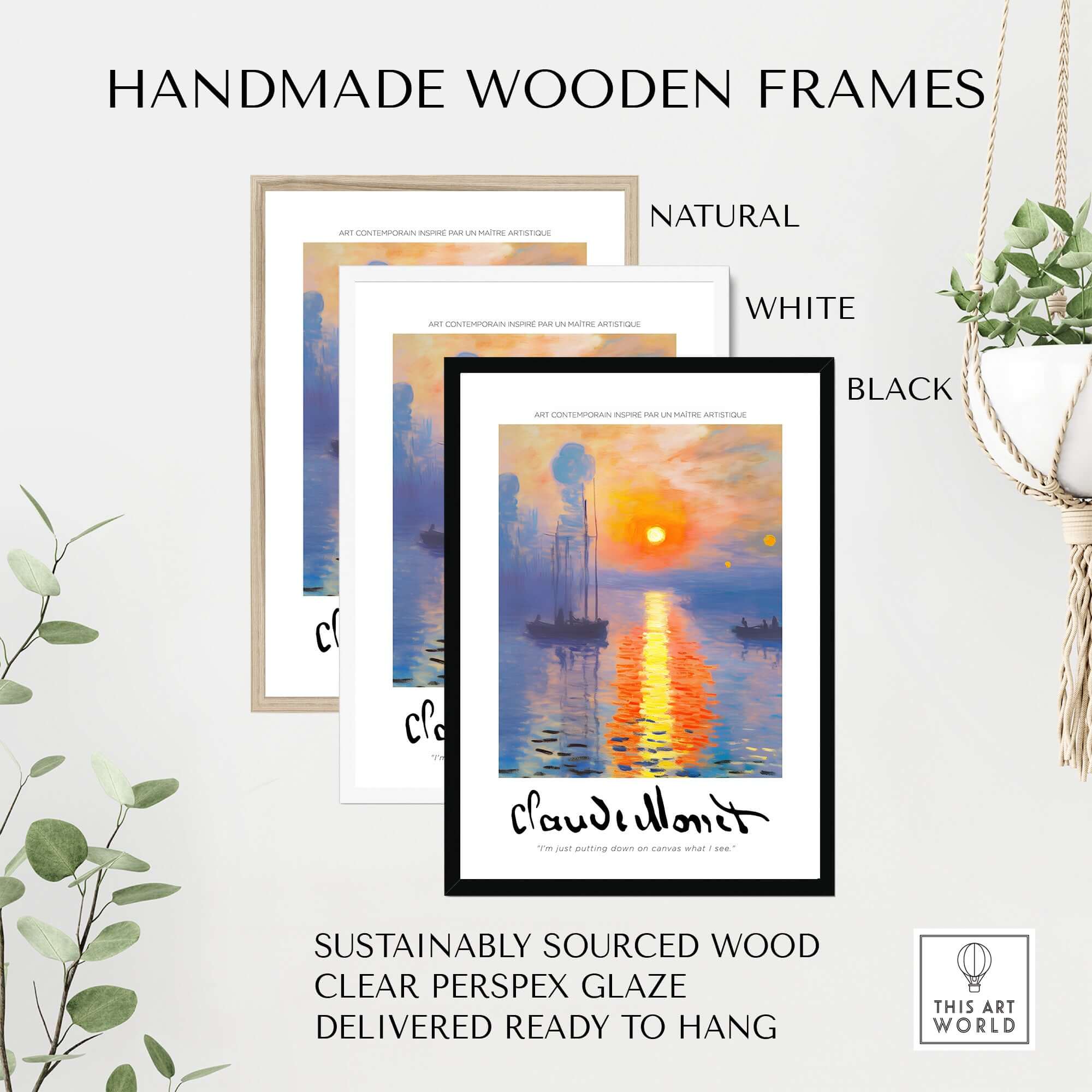 Claude Monet Art Print - Impressionist Sunrise Harbor Wall Art in handmade wooden frames, available in natural, white, and black.