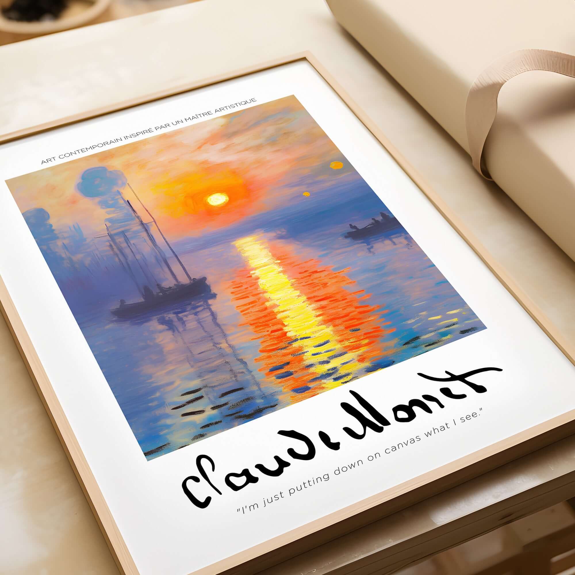 Claude Monet Art Print - Impressionist Sunrise Harbor Wall Art showcased in a frame on a table.
