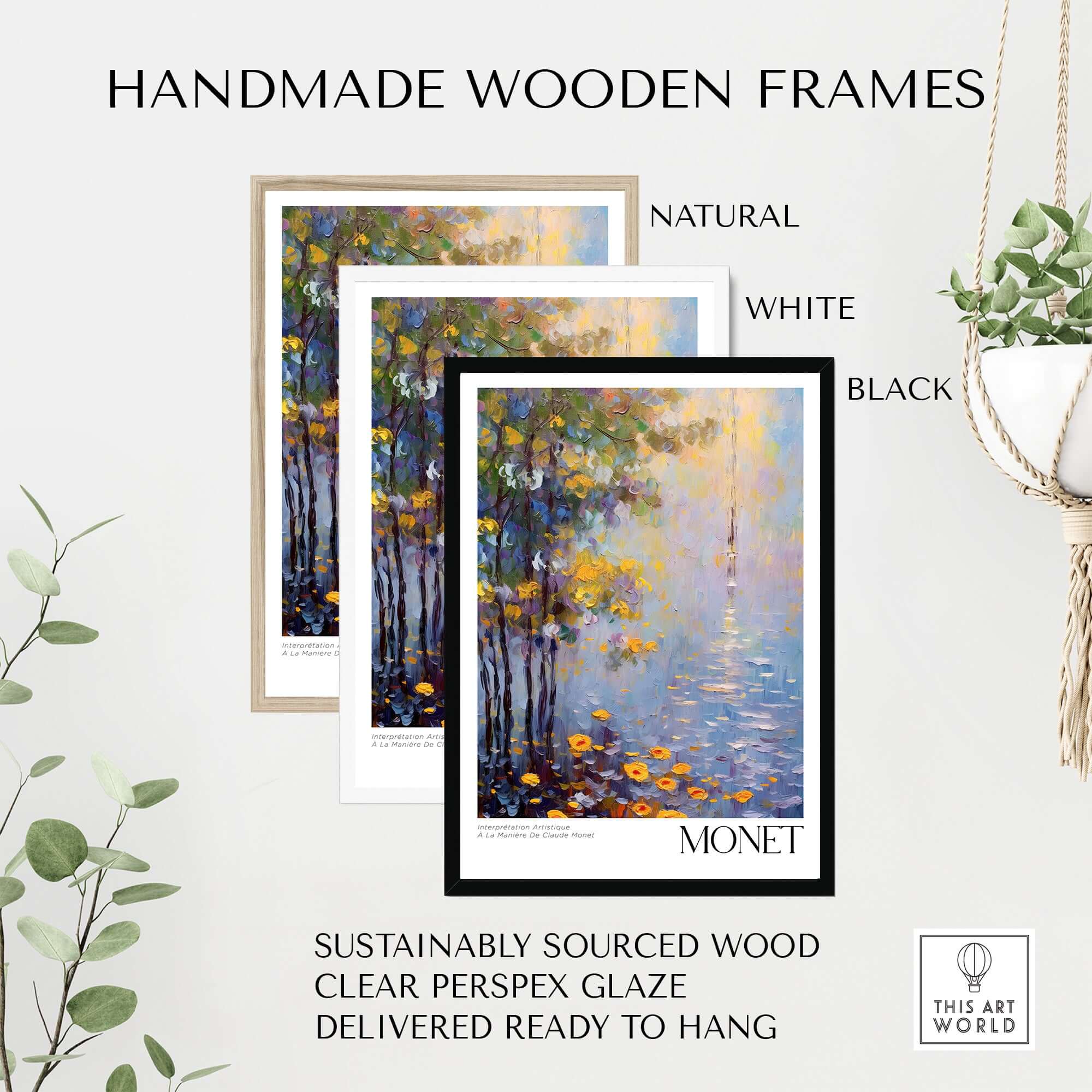 Claude Monet Art Print - Impressionist Wall Art Poster - Monet Framed Print in handmade wooden frames in natural, white, and black.