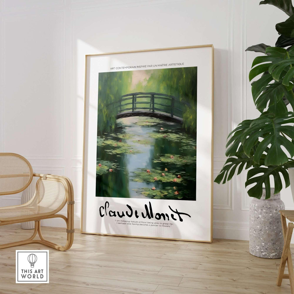 Claude Monet Art Print - Japanese Bridge Monet Water Lilies Print - Garden Pond Wall Art displayed in a modern interior setting.
