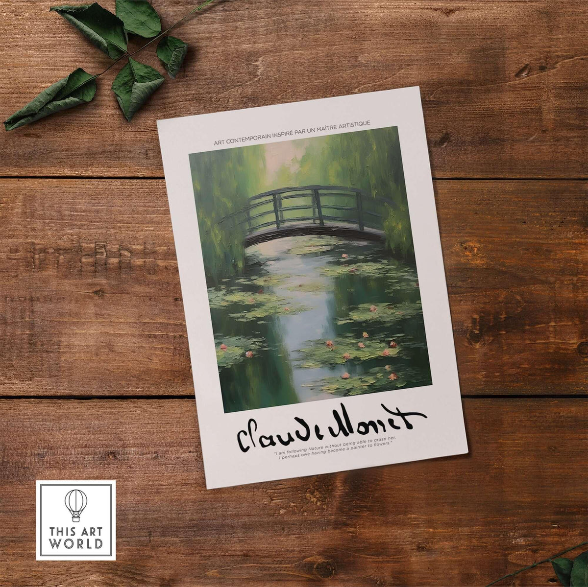 Claude Monet Art Print - Japanese Bridge Monet Water Lilies Print - Garden Pond Wall Art on a wooden surface