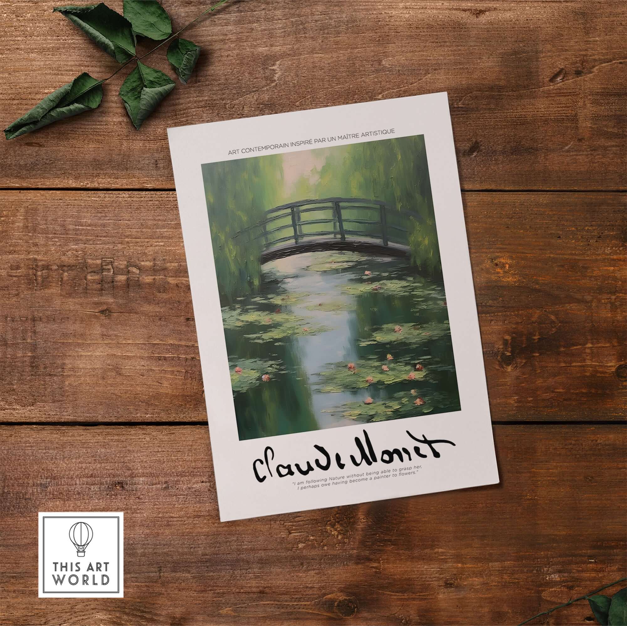 Claude Monet Art Print - Japanese Bridge Monet Water Lilies Print - Garden Pond Wall Art on a wooden surface