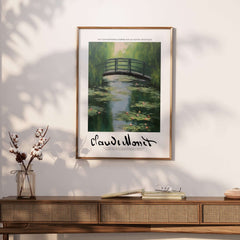 Claude Monet Art Print - Japanese Bridge Monet Water Lilies Print - Garden Pond Wall Art framed in a stylish interior setting.