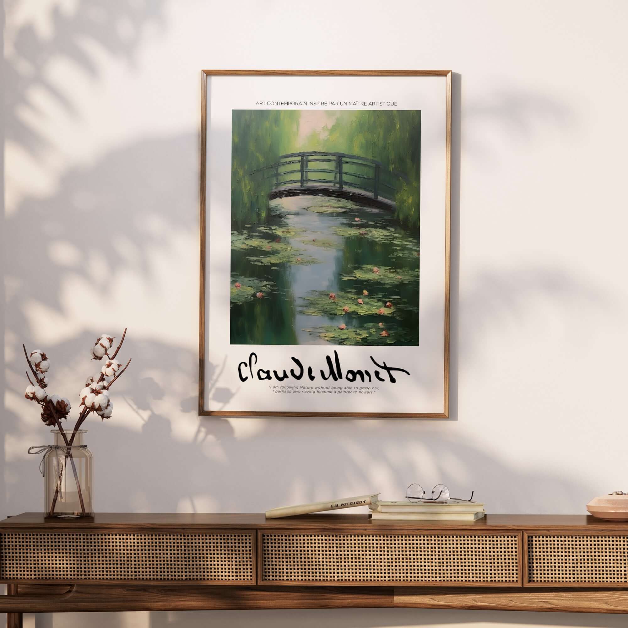 Claude Monet Art Print - Japanese Bridge Monet Water Lilies Print - Garden Pond Wall Art framed in a stylish interior setting.