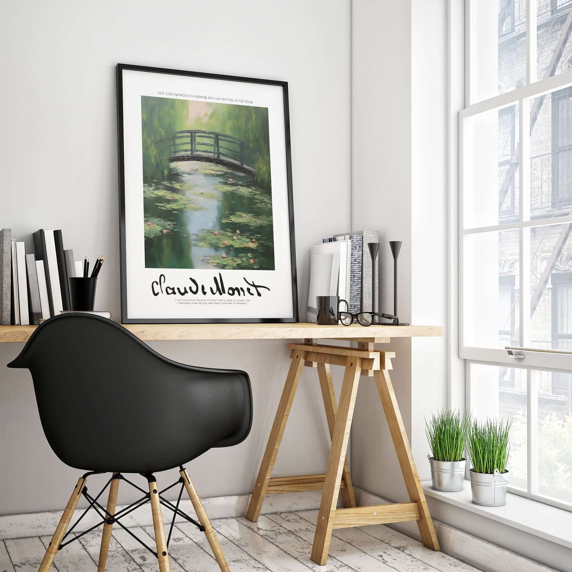 Claude Monet Art Print - Japanese Bridge Monet Water Lilies Print - Garden Pond Wall Art displayed in a modern study.