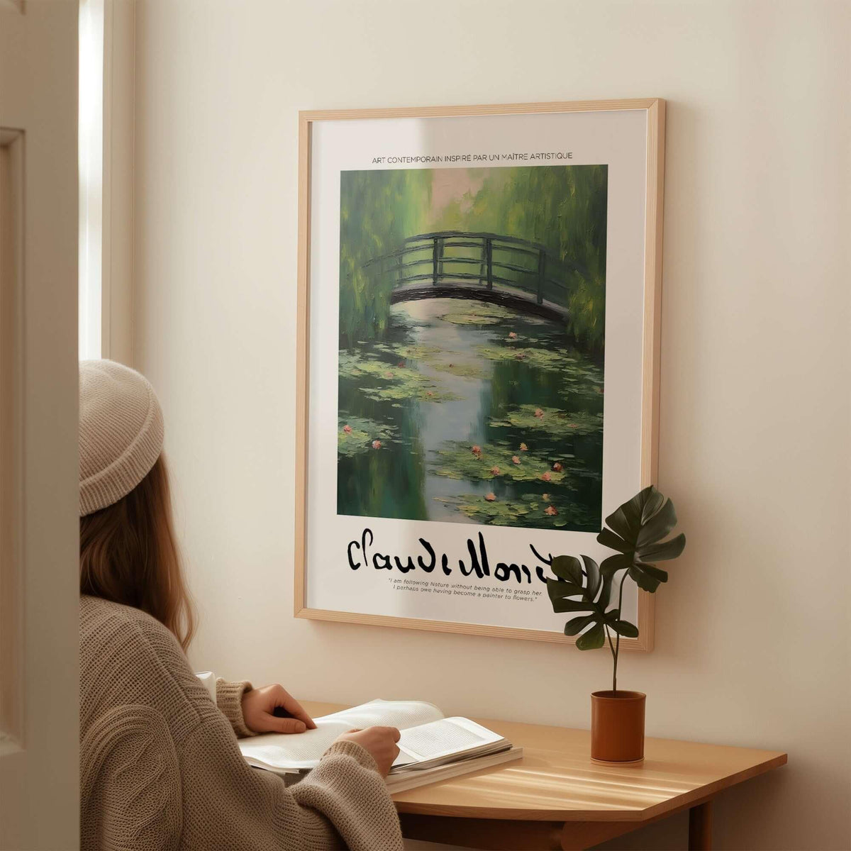 Claude Monet Art Print - Japanese Bridge Monet Water Lilies Print - Garden Pond Wall Art displayed on a wall.